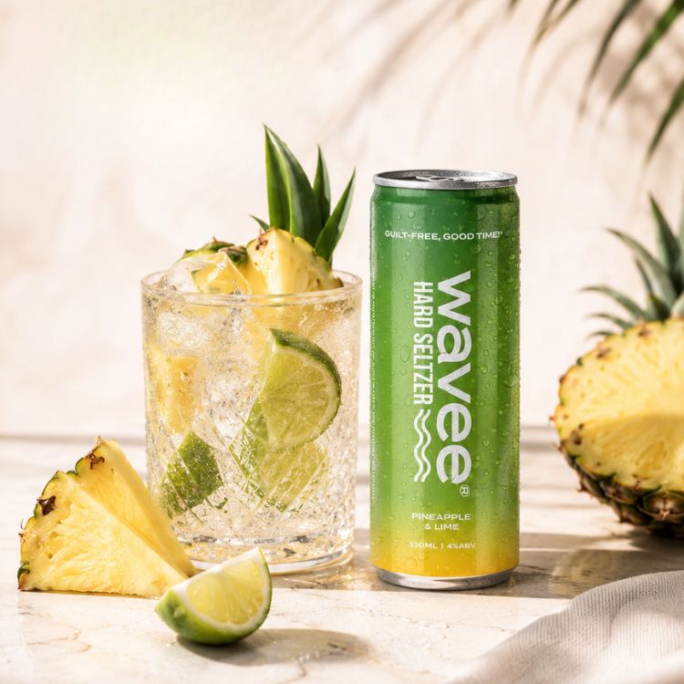 A can of Wavee Hard Seltzer Pineapple & Lime can stands next to a glass of iced pineapple drink with lime slices, surrounded by pineapple wedges on a light stone surface.