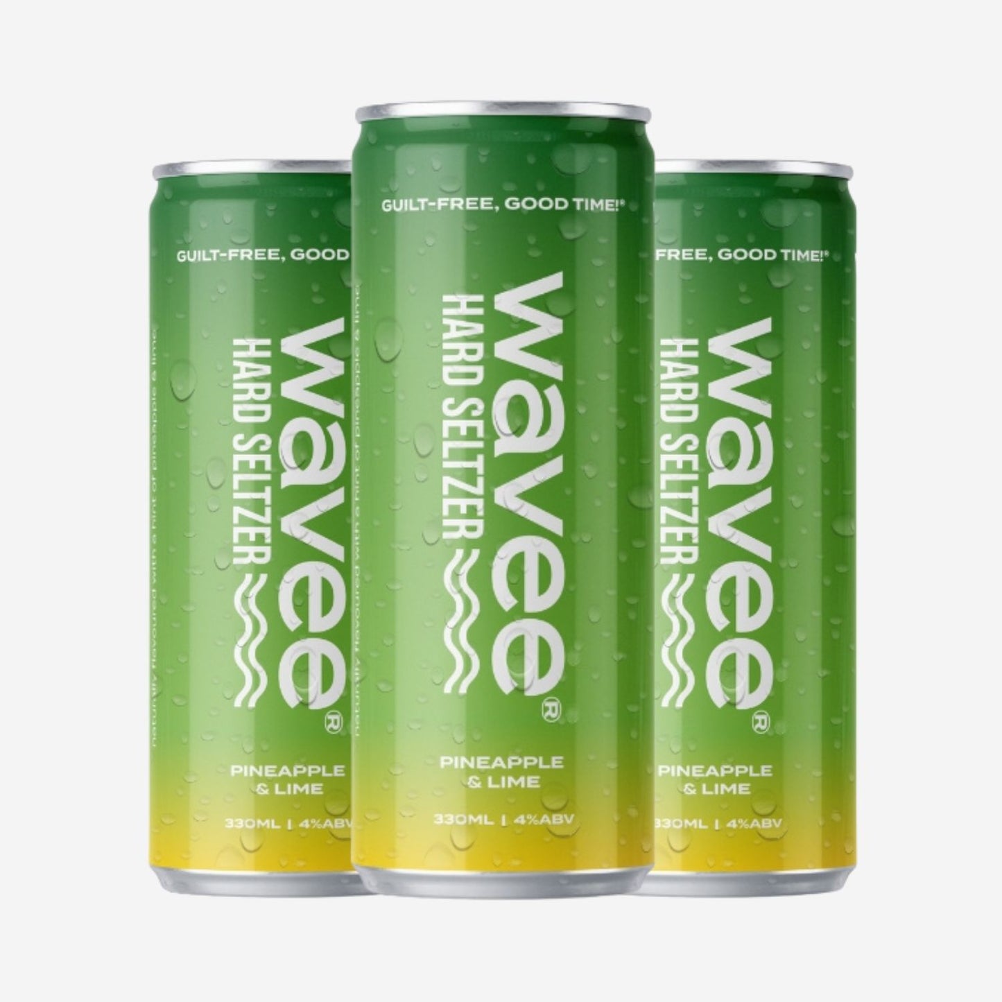 
                  
                    Three Pineapple and Lime Wavee Hard Seltzer cans arranged together on a light grey background. The cans are labeled Pineapple & Lime and feature a green-to-yellow gradient with white text and water droplet graphics.
                  
                