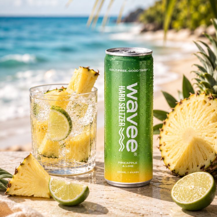 A can of Wavee Pineapple and Lime Hard Seltzer stands on a beach table next to a glass of sparkling water with pineapple slices and lime wedges, with the ocean and palm trees in the background.