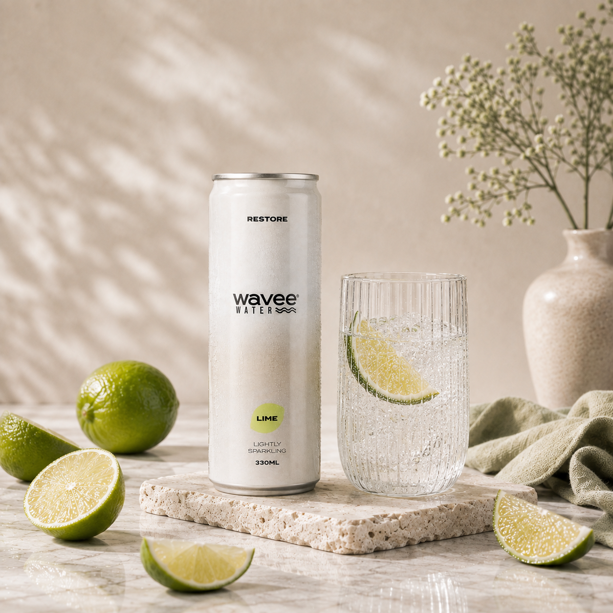 A can of Wavee Water Restore LIME, a lightly carbonated lime-flavoured water, stands on a stone slab beside a ribbed glass of clear bubbly water with a lime slice. Lime halves, a folded green cloth, and a vase with small white flowers are arranged around it on a light stone surface.