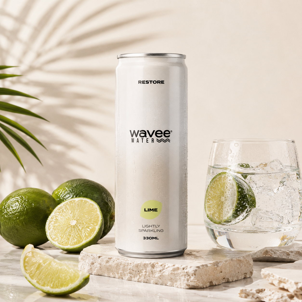 A 330ml can of Wavee Water RESTORE lightly sparkling lime-flavoured beverage stands on a stone slab next to a glass of clear drink with lime slices, with whole and sliced limes and a leafy branch in the background.