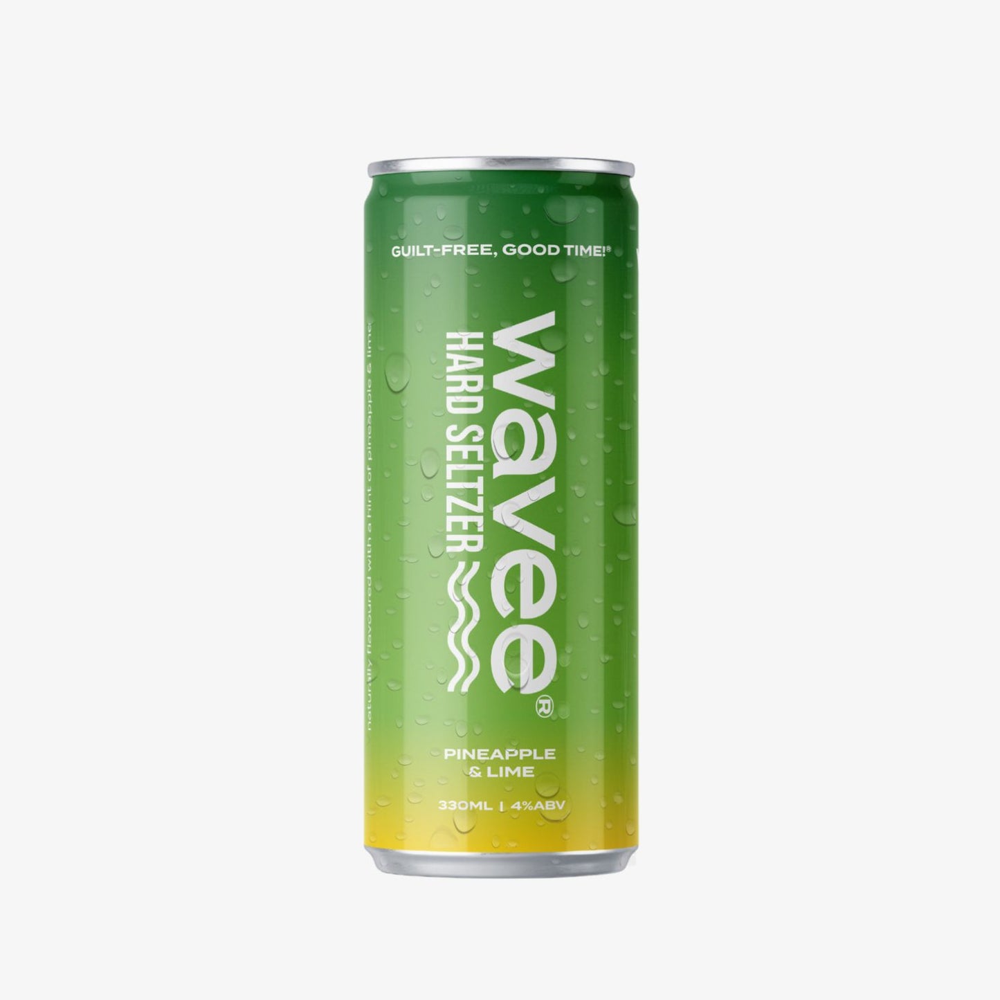 
                  
                    A single Wavee Hard Seltzer can in Pineapple & Lime flavor, featuring a green to yellow gradient design with white text, shown on a clean white background.
                  
                
