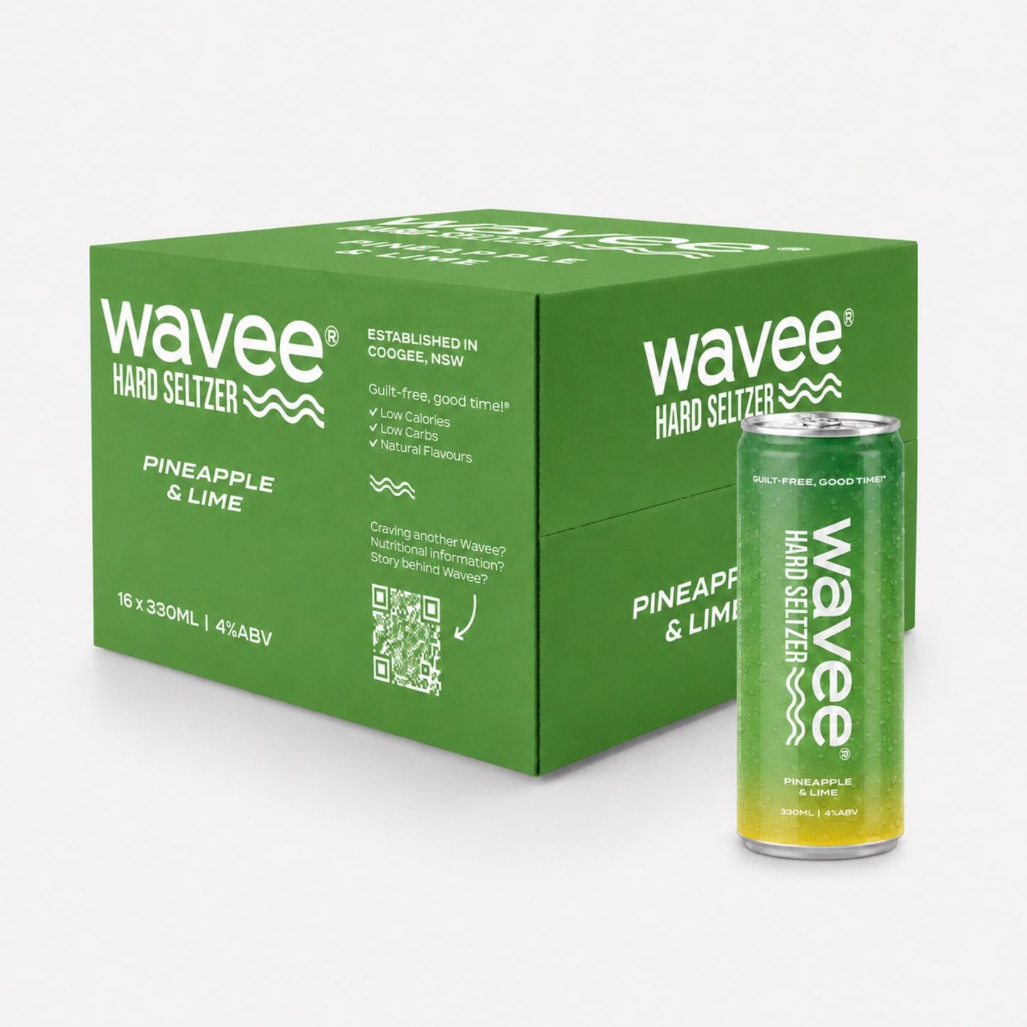 
                  
                    A green Wavee Hard Seltzer Pineapple & Lime beverage 16 pack box with a matching tall can in front, photographed on a clean white studio background.
                  
                