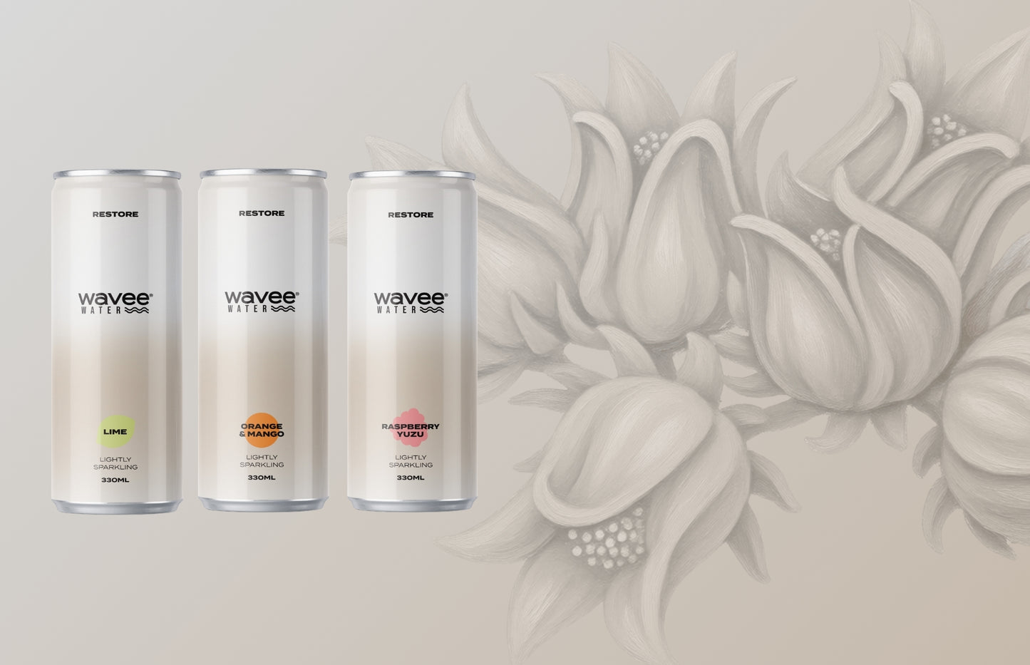Three Wavee Water Restore range of cans in white packaging with small green, orange, and pink flavor accents, displayed against a soft beige background with large white hibiscus flowers on the right.