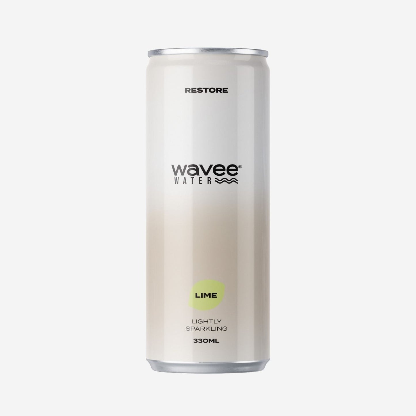 A 330ml can of Wavee Water by Restore, in the Lime Lightly Sparkling flavour. The can features a silver-to-cream gradient design with a small lime-green circle indicating the flavour, set against a clean white background.