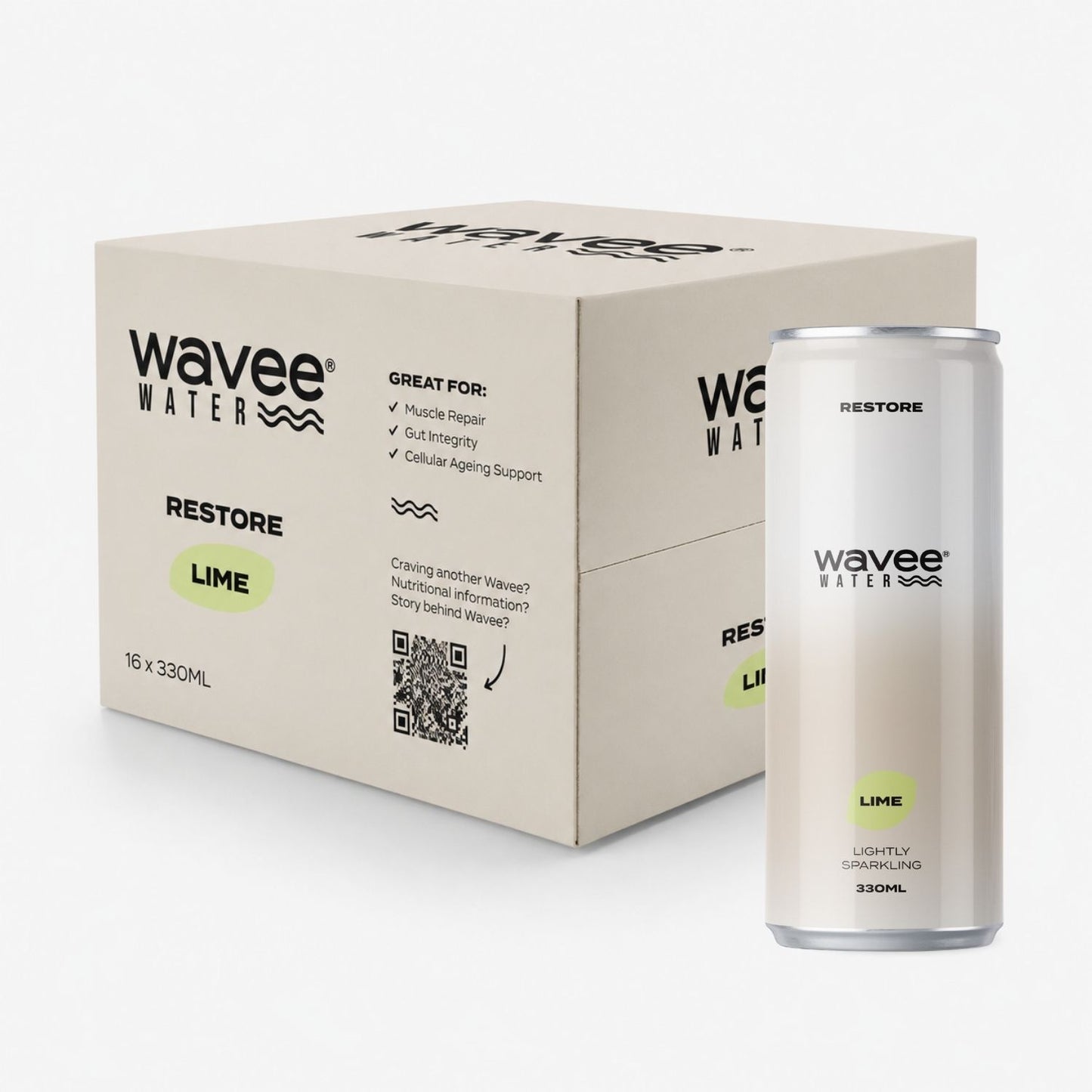 
                  
                    A white and silver can of Wavee Water Restore Lime next to its beige 16-pack box on a clean white background.
                  
                