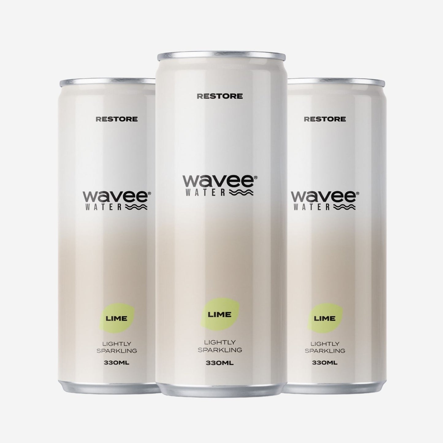 Three Wavee Water cans in the Lime flavor, arranged in a row against a light grey background, representing the 4-pack option. 