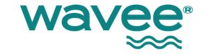 The Wavee brand logo in teal, featuring the word 'wavee' in lowercase with three wavy lines underneath, on a plain white background. This logo represents both Wavee Hard Seltzer and Wavee Water. 